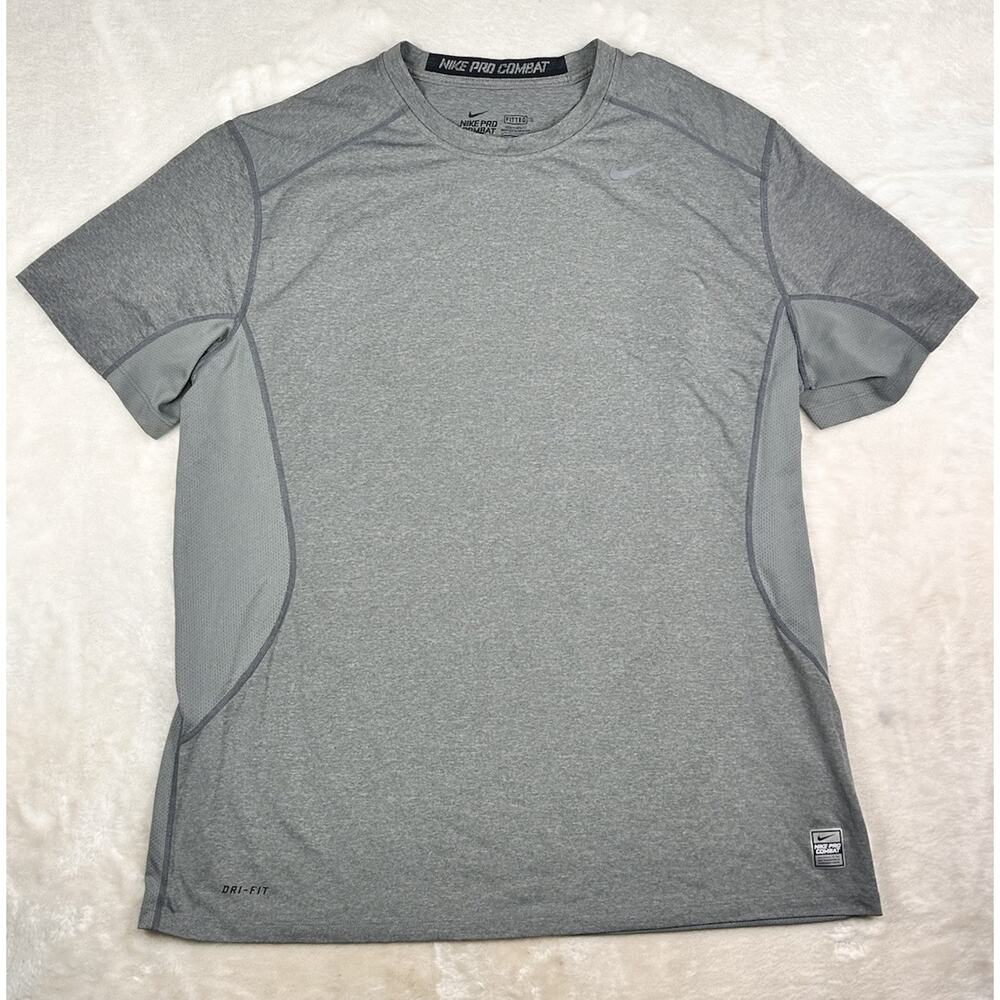 Nike Men's 2XL Gray Polyester T-Shirt Pro Combat Fitted Dri Fit Short Sleeve